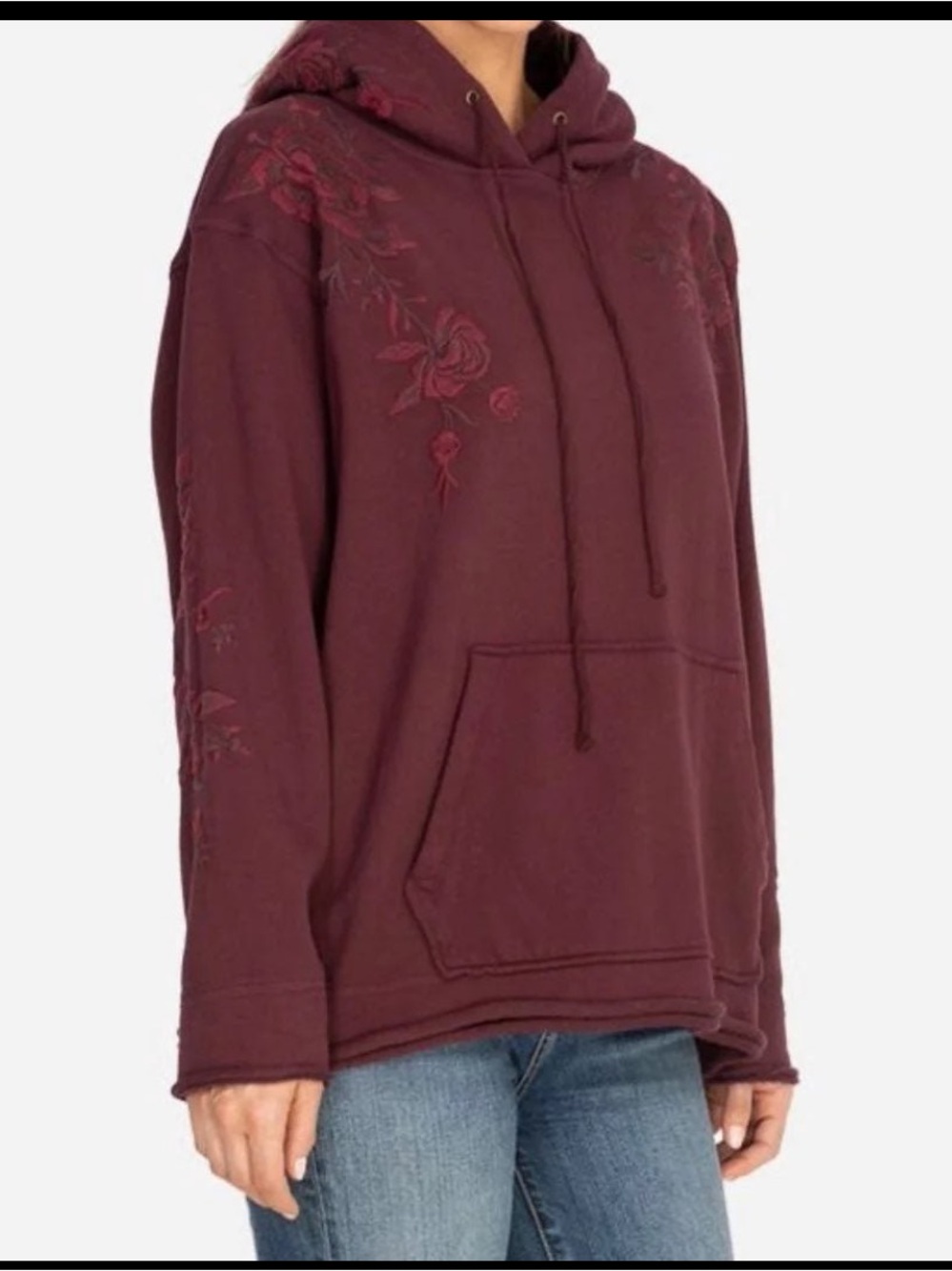 Johnny Was Burgundy Floral Embroidered French Terry Hoodie Medium